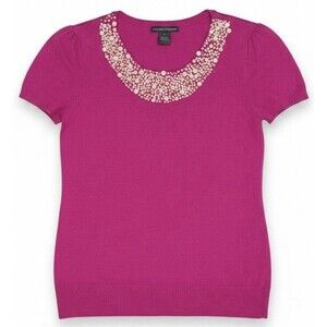 Chelsea & Theodore Woven Pearls Blouse Pink Fuchsia  Women M Preppy Y2K